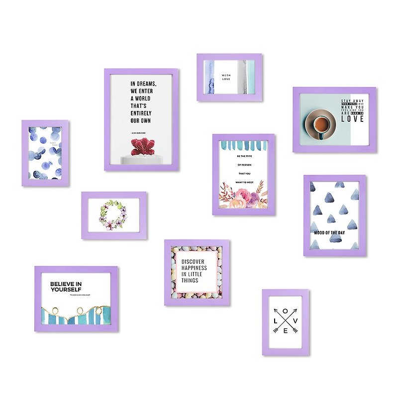 简约相框 粉紫色10入组合 马卡龙色系 少女风格 室内设计 照片墙 - 画框/相框 - 木头 紫色