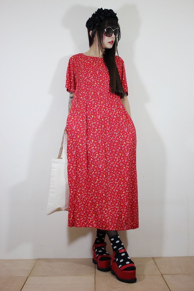 F2083(Vintage)红色小碎花附腰绑带双口袋棉质短袖古着洋装 - 洋装/连衣裙 - 棉．麻 红色