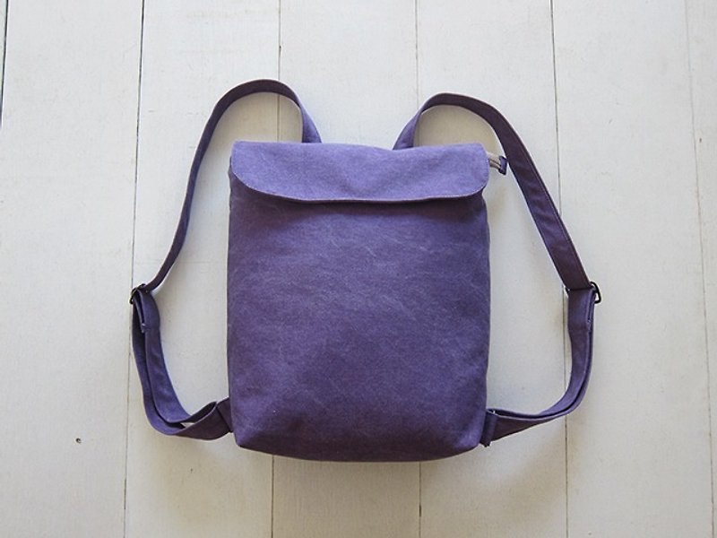 小号双肩帆布后背包(拉链开口+磁扣袋盖+外侧拉链袋)-水洗紫 / 紫 - 后背包/双肩包 - 棉．麻 紫色
