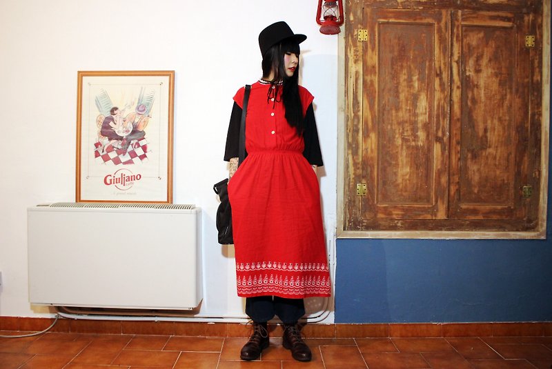 F3094[Vintage洋装]红色双口袋棉质无袖古着洋装(婚礼/野餐/派对) - 洋装/连衣裙 - 棉．麻 红色