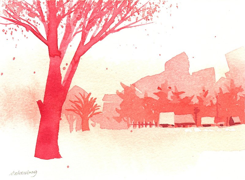 “疗愈系树林系列r-1”水彩手绘限量版明信片/圣诞卡 - 卡片/明信片 - 纸 红色
