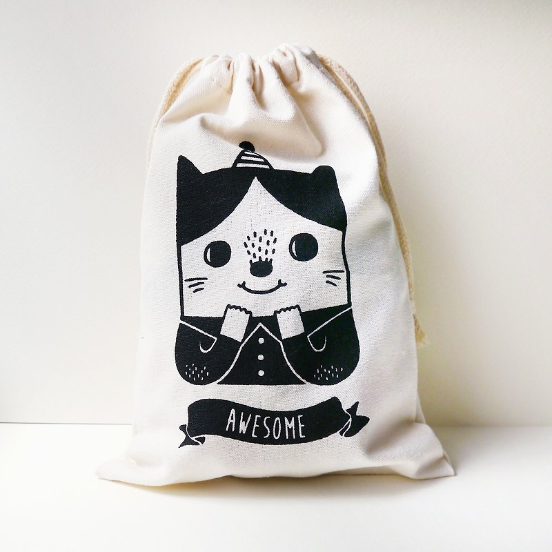 Awesome Cat 棒棒猫丝印帆布束口袋 礼品布袋 - 化妆包/杂物包 - 棉．麻 白色