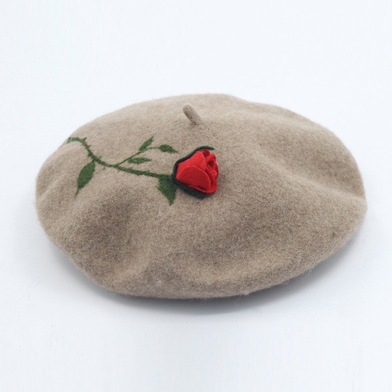 轲人原创设计帽女秋冬保暖手工羊毛毡玫瑰花贝雷帽甜美可爱礼物 - 帽子 - 羊毛 多色