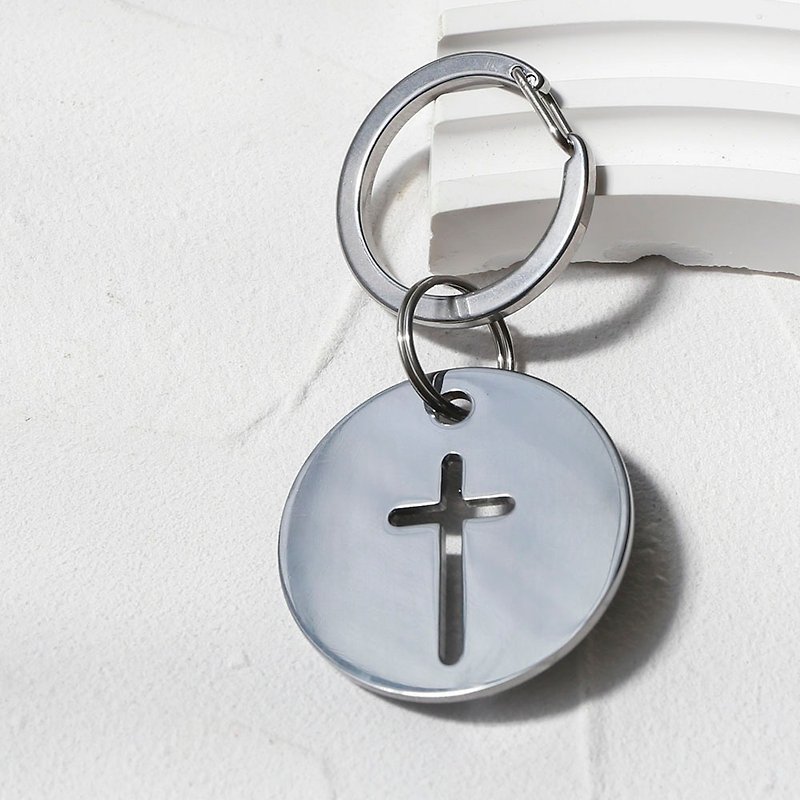 镀钛十字架钥匙圈-圆款-亮银 - 钥匙链/钥匙包 - 其他金属 银色