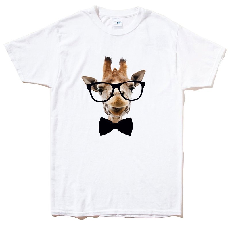 Giraffe Bow Tie 男女短袖T恤 白色 长颈鹿 领带 眼镜 胡须 动物 文青 艺术 设计 时髦 文字 时尚 - 男装上衣/T 恤 - 棉．麻 白色