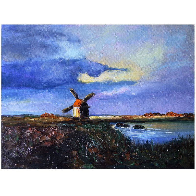 Windmill Oil Painting Original Art 油畫原作 Landscape Artwork Canvas Art - 海报/装饰画/版画 - 颜料 多色