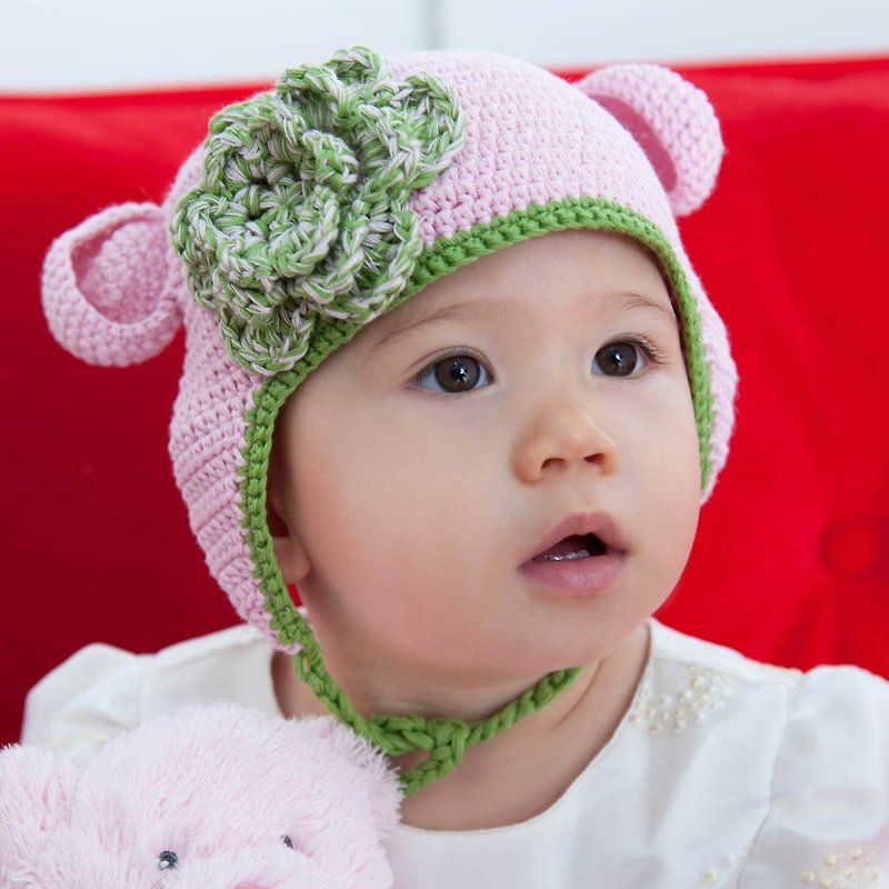 Cutie Bella手工编织帽Monkey-Pink/Green Trim - 婴儿帽/发带 - 棉．麻 粉红色