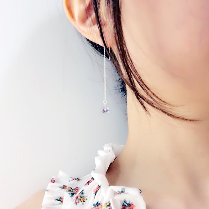 粉晶蓝纹小花耳链 S925纯银耳环 抗过敏 - 耳环/耳夹 - 纯银 粉红色