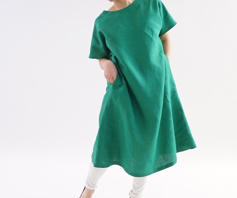 ベルギーリネン フレアーラインのドルマン ワンピース/フィヨルドグリーン a16-6 - 洋装/连衣裙 - 棉．麻 绿色