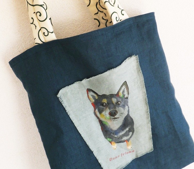 linenの柴犬バッグ - 手提包/手提袋 - 棉．麻 蓝色