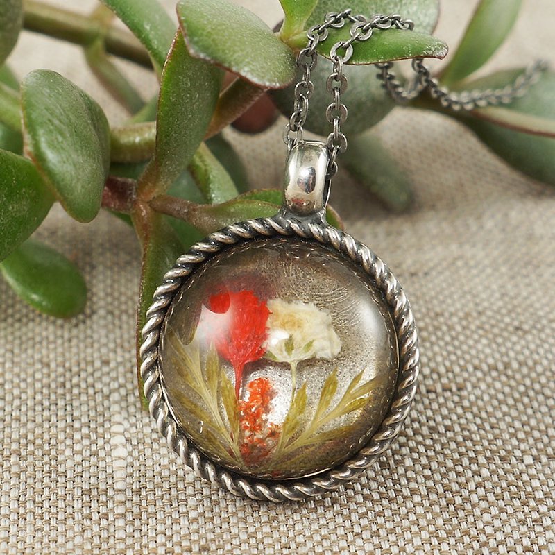 Red Dried Flower Floral Botanical Boho Silver Round Pendant Necklace Jewelry