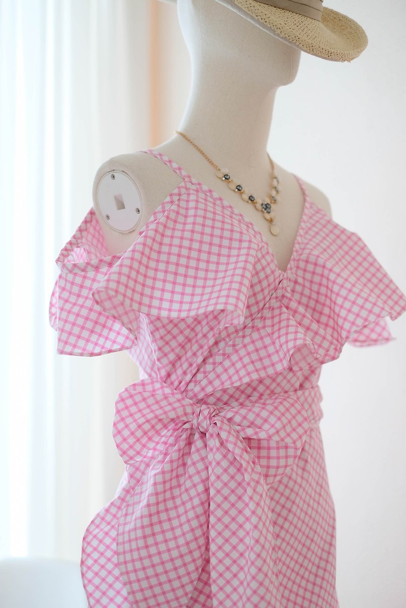 Pink gingham cotton dress Spring Summer Sundress Wrap dress - 洋装/连衣裙 - 棉．麻 粉红色