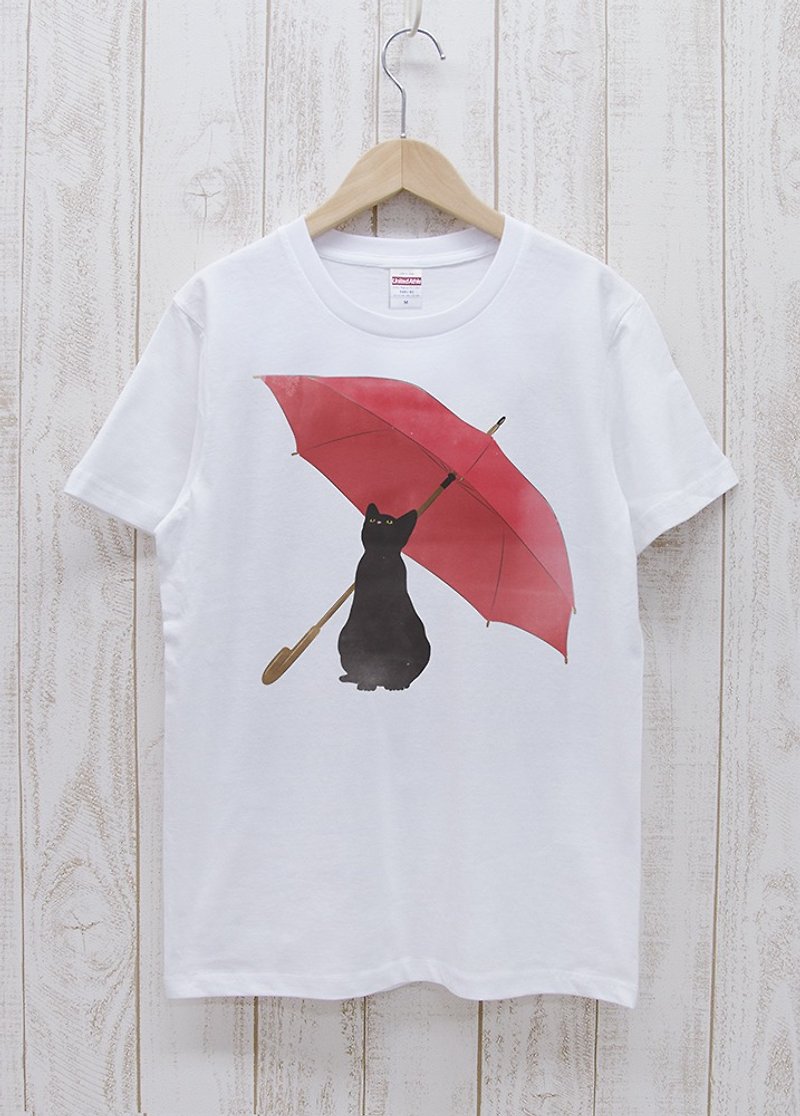 雨やどる黒猫Tee　ホワイト / R039-T-WH - 中性连帽卫衣/T 恤 - 棉．麻 白色