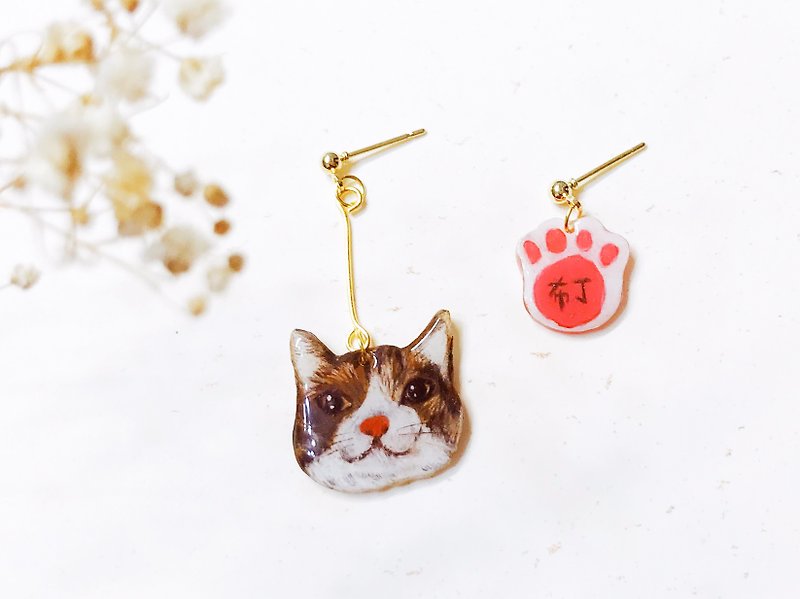 定制 猫咪 耳环 耳夹 毛小孩 宠物 似颜绘 手作 饰品 生日礼物 - 耳环/耳夹 - 树脂 粉红色