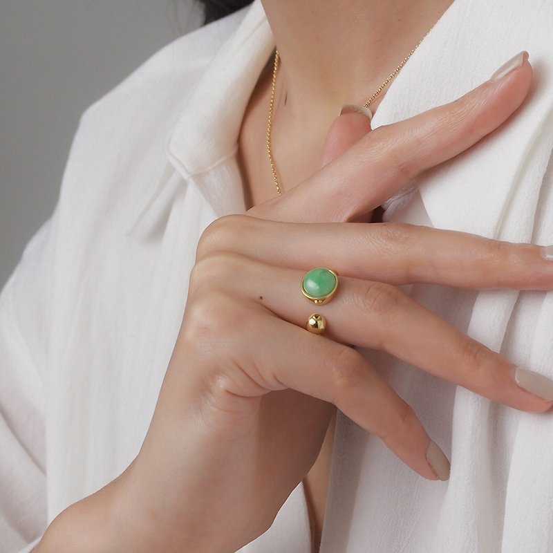 苹果绿玉戒指 - 天然翡翠 - 保证A玉 - 戒指 - 玉石 绿色