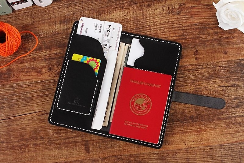 【切线派】日式纯手工便携式牛皮护照长款钱包008款黑色 - 皮夹/钱包 - 真皮 咖啡色