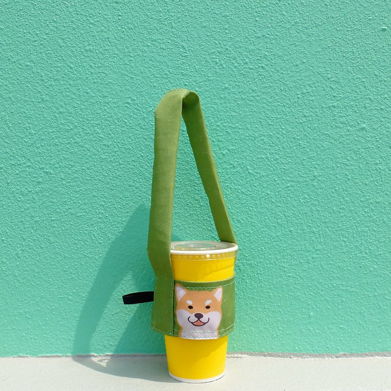 柴犬好可爱噢,饮料提袋(可收纳吸管) - 随行杯提袋/水壶袋 - 棉．麻 绿色