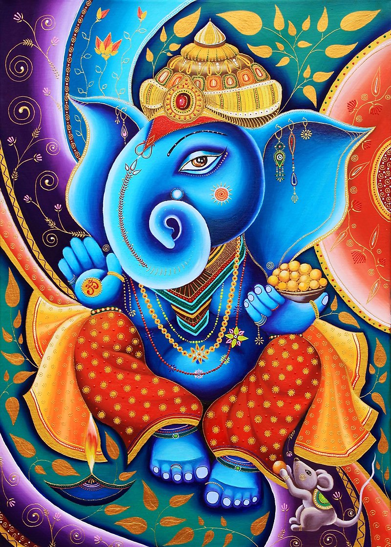 Ganesha Painting Indian Original Art Ganapati Wall Art Elephant Artwork 50by70cm - 海报/装饰画/版画 - 其他材质 蓝色