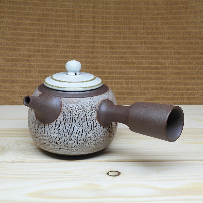 刷毛裂纹桶型润白盖侧把茶壶 手作陶艺 茶道具 - 茶具/茶杯 - 陶 咖啡色