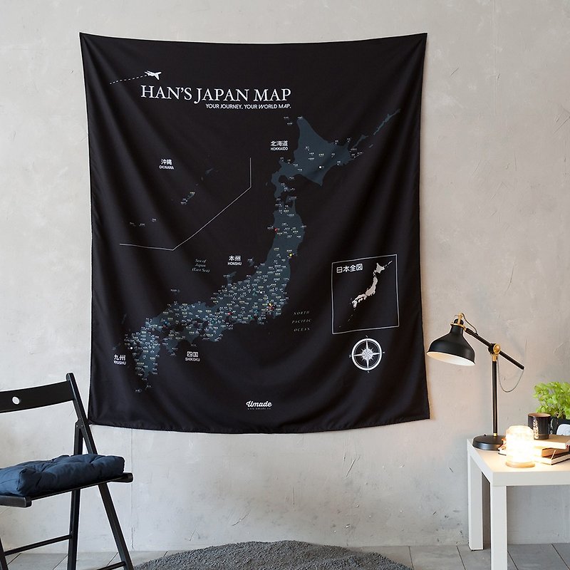 日本地图-你的专属日本地图(布)。武士黑(定制化礼物) - 海报/装饰画/版画 - 聚酯纤维 黑色