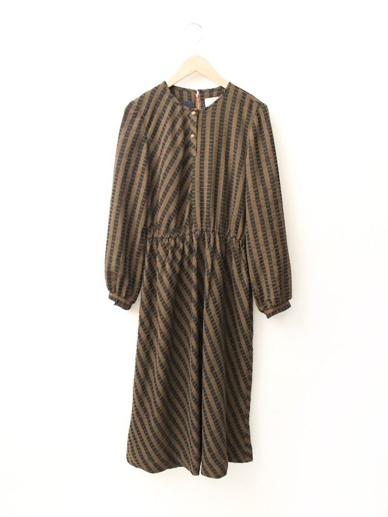 日本制复古黑棕色条纹长袖古着洋装 Japanese Vintage Dress - 洋装/连衣裙 - 聚酯纤维 咖啡色