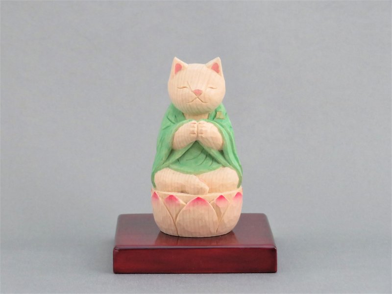 木彫り　袈裟を着た合掌猫　猫仏1904 - 玩偶/公仔 - 木头 绿色