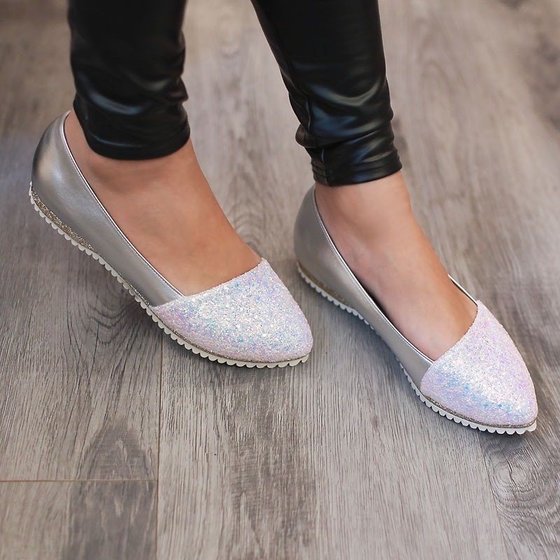 AliyBonnie亲子鞋(妈咪款) 闪亮星空娃娃鞋-璀璨白 - 芭蕾鞋/娃娃鞋 - 真皮 银色