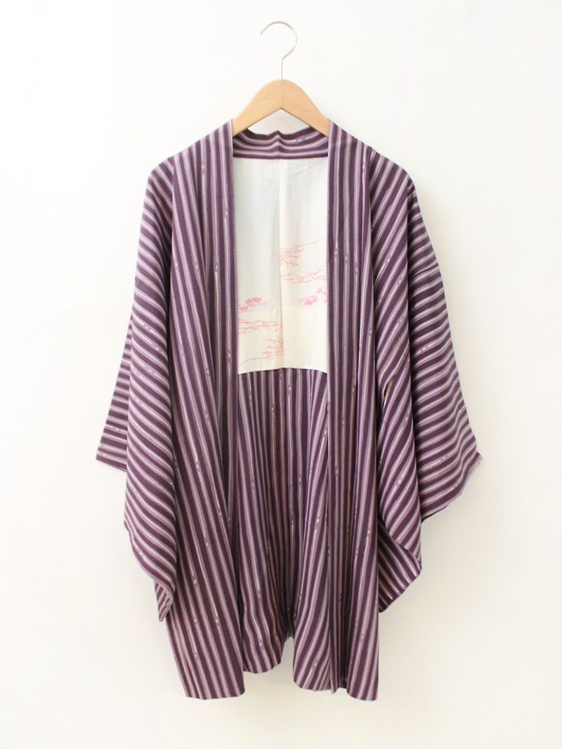  复古日本制和风印花紫色条纹宽松古着羽织和服外套罩衫开衫  - 女装休闲/机能外套 - 聚酯纤维 紫色