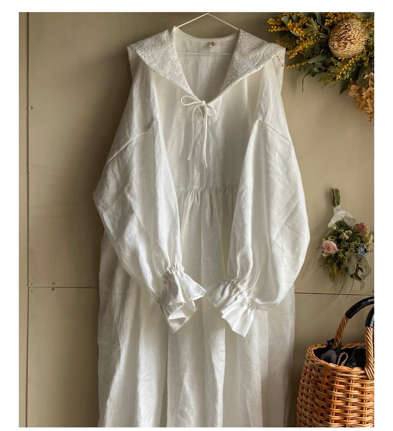 セーラーレース襟ギャザーワンピース - 洋装/连衣裙 - 棉．麻 白色