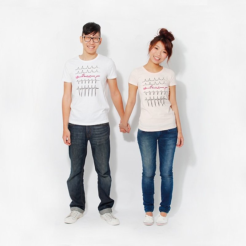 情人节礼物-心电图甜蜜情人对T (2 t-shirts) - 女装 T 恤 - 棉．麻 粉红色