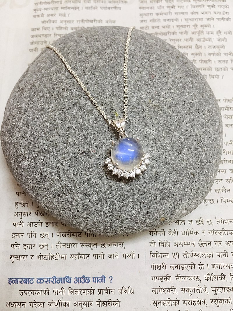 月光石 锆石 吊坠 项链 尼泊尔 手工制 925纯银 - 项链 - 宝石 