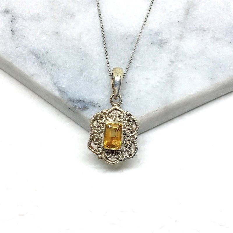 黄水晶925纯银心形花边设计项链 尼泊尔手工镶嵌制作 (回馈粉丝款2) - 项链 - 宝石 黄色