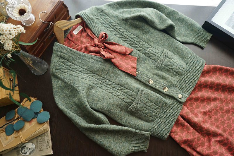 寻宝古着-酪梨绿花纱针织开襟连袖毛衣外套for Ming Chiang - 女装针织衫/毛衣 - 羊毛 绿色