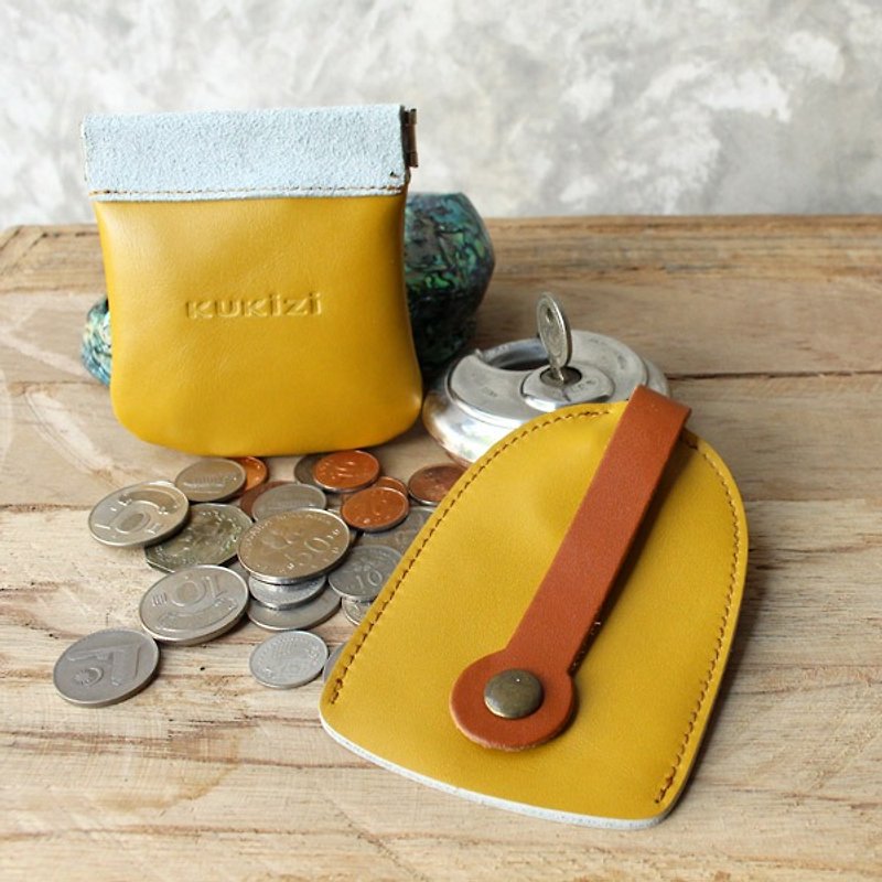 Set of Coin Purse/Pouch/Bag & Key Case/Key Holder - Yellow + Tan Strap (Genuine Cow Leather) - 钥匙链/钥匙包 - 真皮 