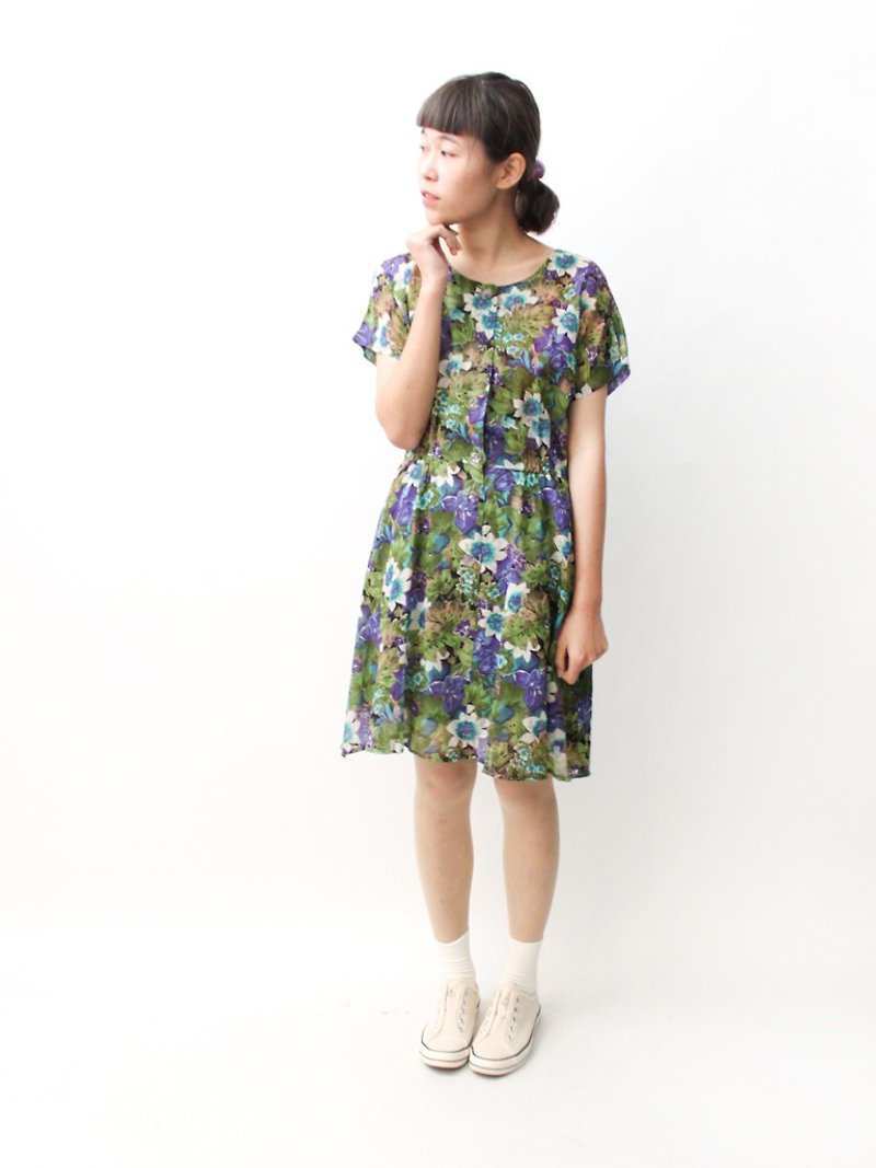 【RE0322D1036】日本制热带风情纯棉花朵绿色短袖春夏古着洋装 - 洋装/连衣裙 - 聚酯纤维 绿色