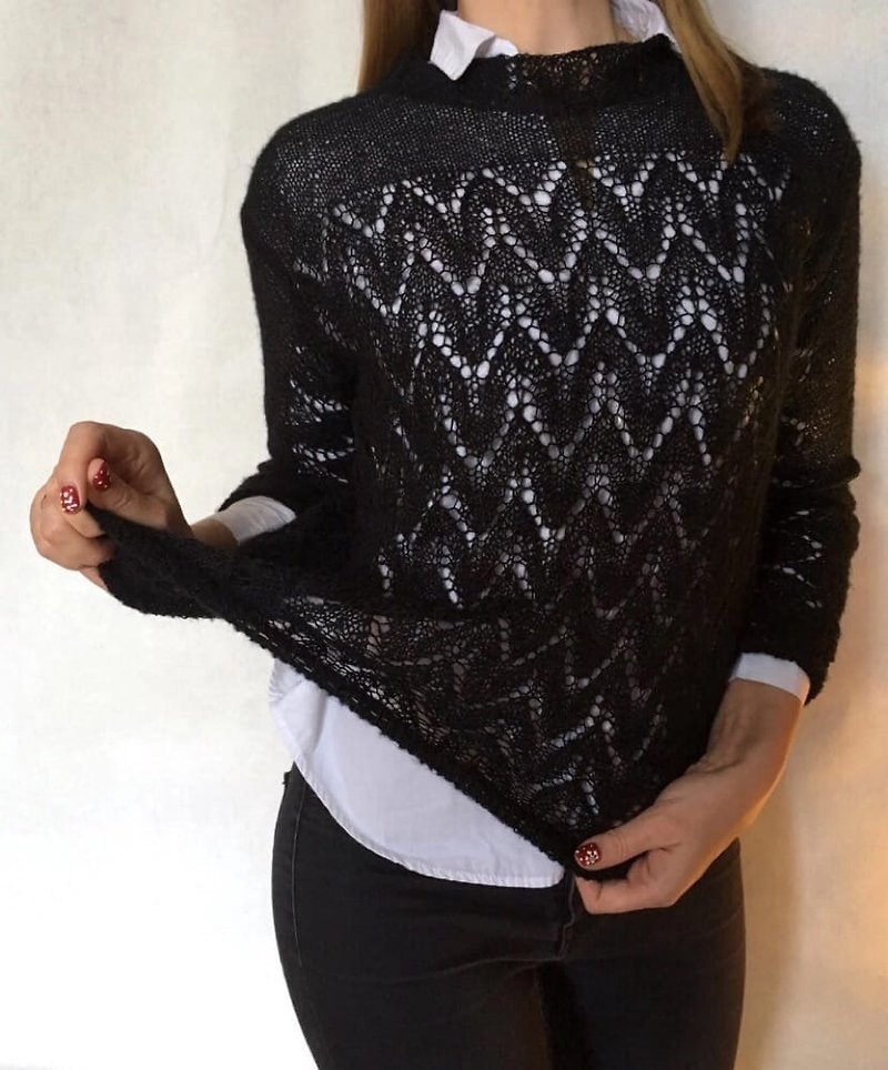 MADE TO ORDER Handmade  knitted sweater Art sweater Black sweater Women Mohair - 女装针织衫/毛衣 - 其他材质 黑色