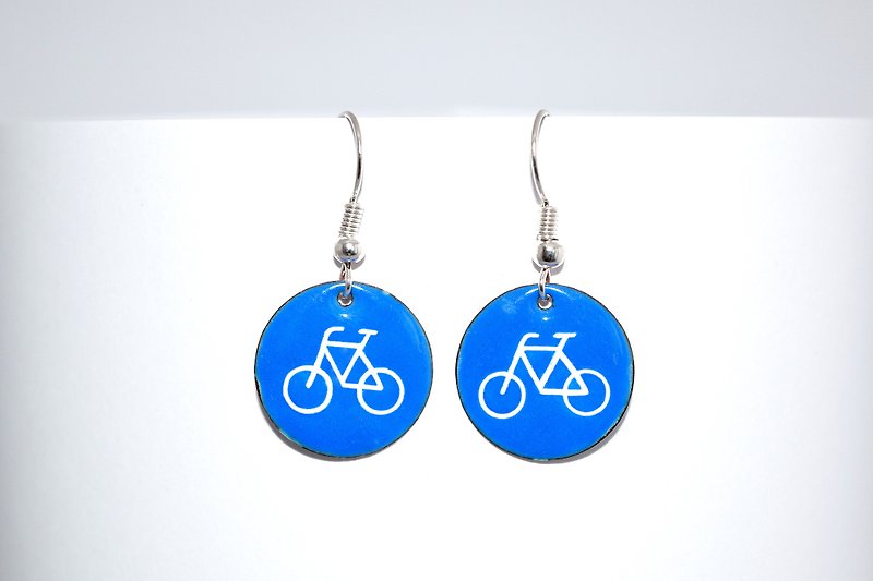 Cyclists, Bicycle, Bicycle Earrings, Enamel Earrings, Cyclist Earrings, Road Sign Earrings, Enameled, Enameled Jewelry, Traffic Sign, - 耳环/耳夹 - 珐琅 蓝色