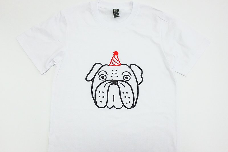 bulldog wearing party hat illustration printing short-sleeved unisex t-shirt - 女装 T 恤 - 棉．麻 白色