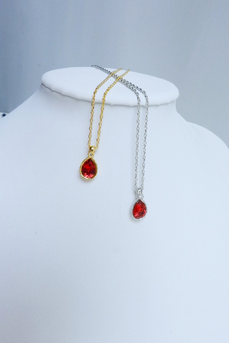 Swarovski 水滴型水钻颈链 - 红宝石 - 项链 - 纯银 红色