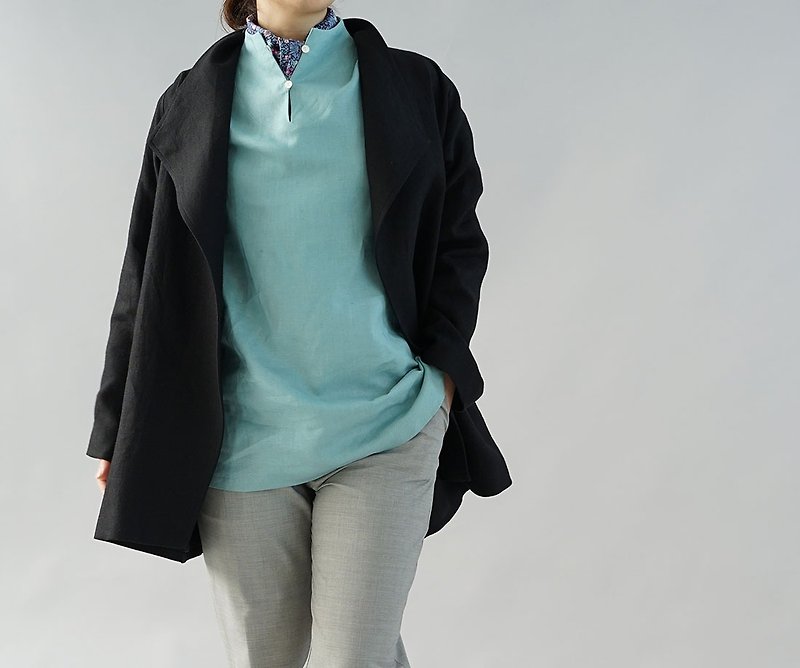 wafu  Linen coat / jacket / wing collar / long sleeve / black h039a-bck3