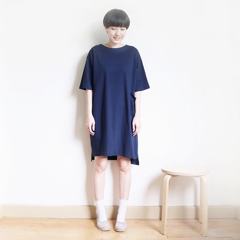 t-shirt dress (navy) - 洋装/连衣裙 - 棉．麻 蓝色