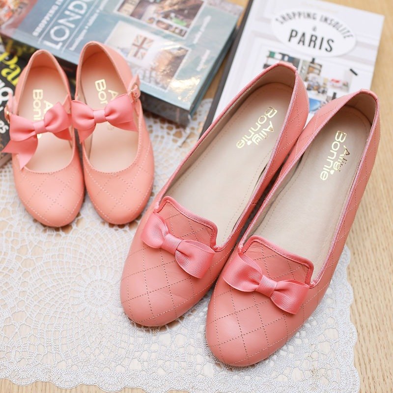 AliyBonnie亲子鞋 小香风菱格纹乐福鞋(妈咪款)-甜桔粉 - 女款休闲鞋 - 真皮 粉红色