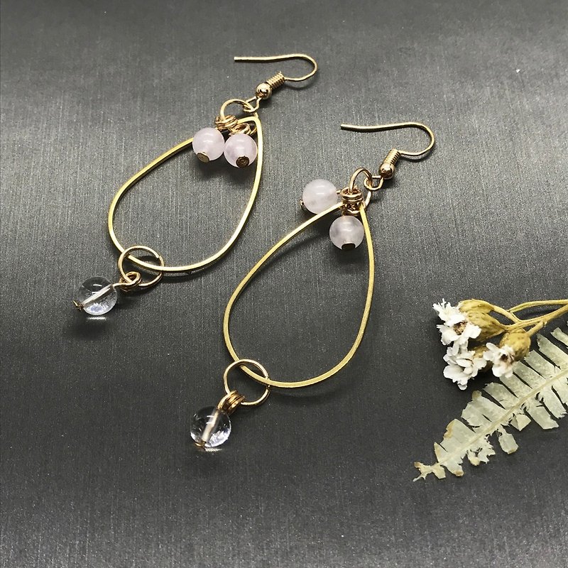 大版长坠式纯黄铜天然石耳环 - 耳环/耳夹 - 宝石 粉红色