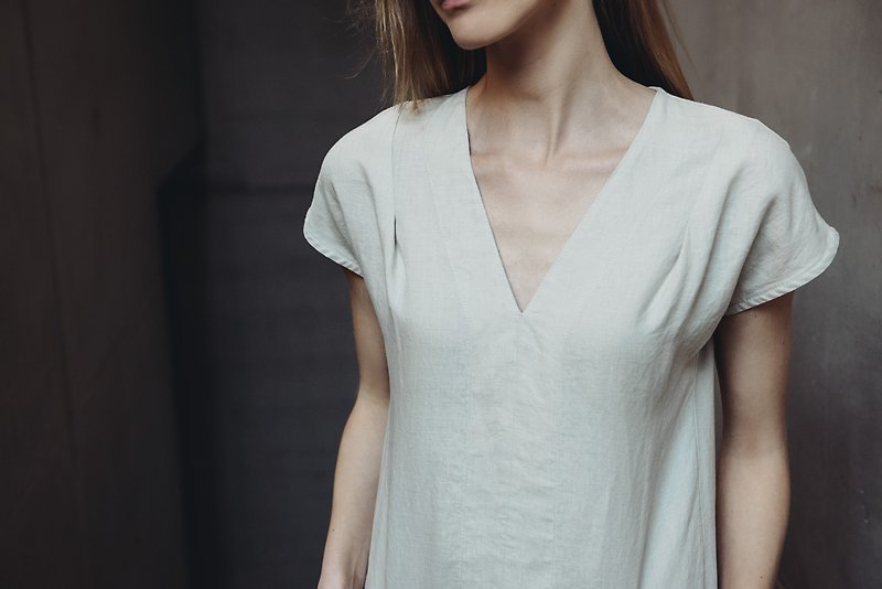 Pure Linen Dress Motumo With Asymmetric Skirt - 14S17 - 洋装/连衣裙 - 亚麻 多色