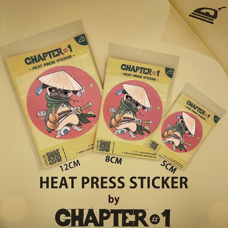 Pug Samurai Heat Press Sticker 5, 8, 12 cms