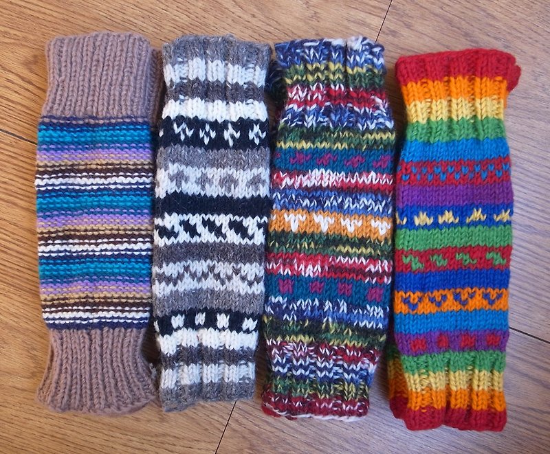 羊毛编织袜套 线条图腾 浅褐+蓝 / 灰 / 彩 / 彩虹 - 袜子 - 羊毛 灰色