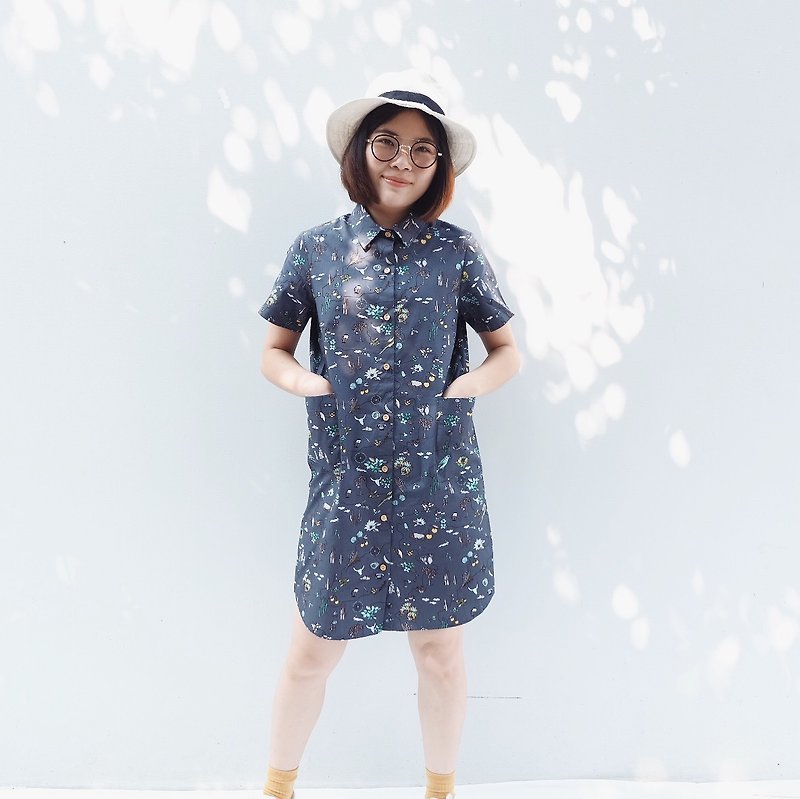 Shirt Dress (Tropical Printed) : Grey - 洋装/连衣裙 - 棉．麻 灰色