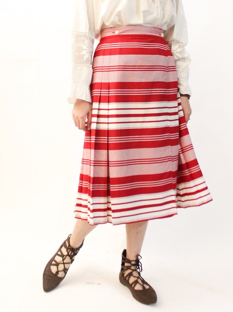 复古春夏欧洲法国制典雅红色条纹百折片裙古着长裙 - 裙子 - 聚酯纤维 红色