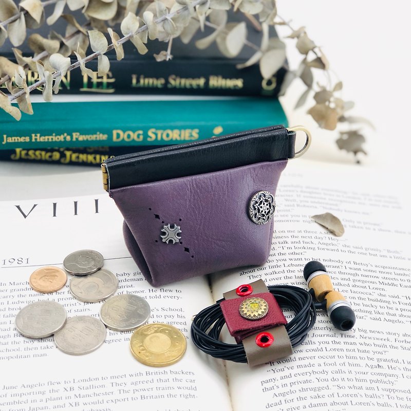 弹片立体多功能小小包 --- 零钱包 / 收纳 / 钥匙 / 耳机 - 零钱包 - 真皮 紫色