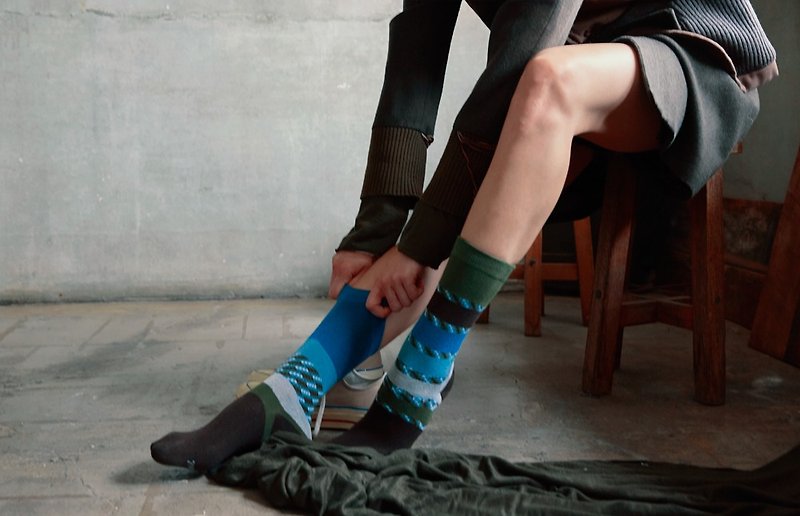 靴下ブリーズ / irregular / socks / check / green - 袜子 - 棉．麻 绿色